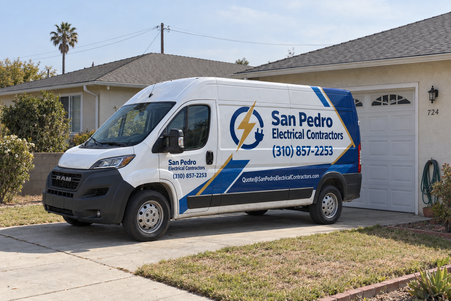 San Pedro Electrical Contractors branded service van parked in a residential driveway